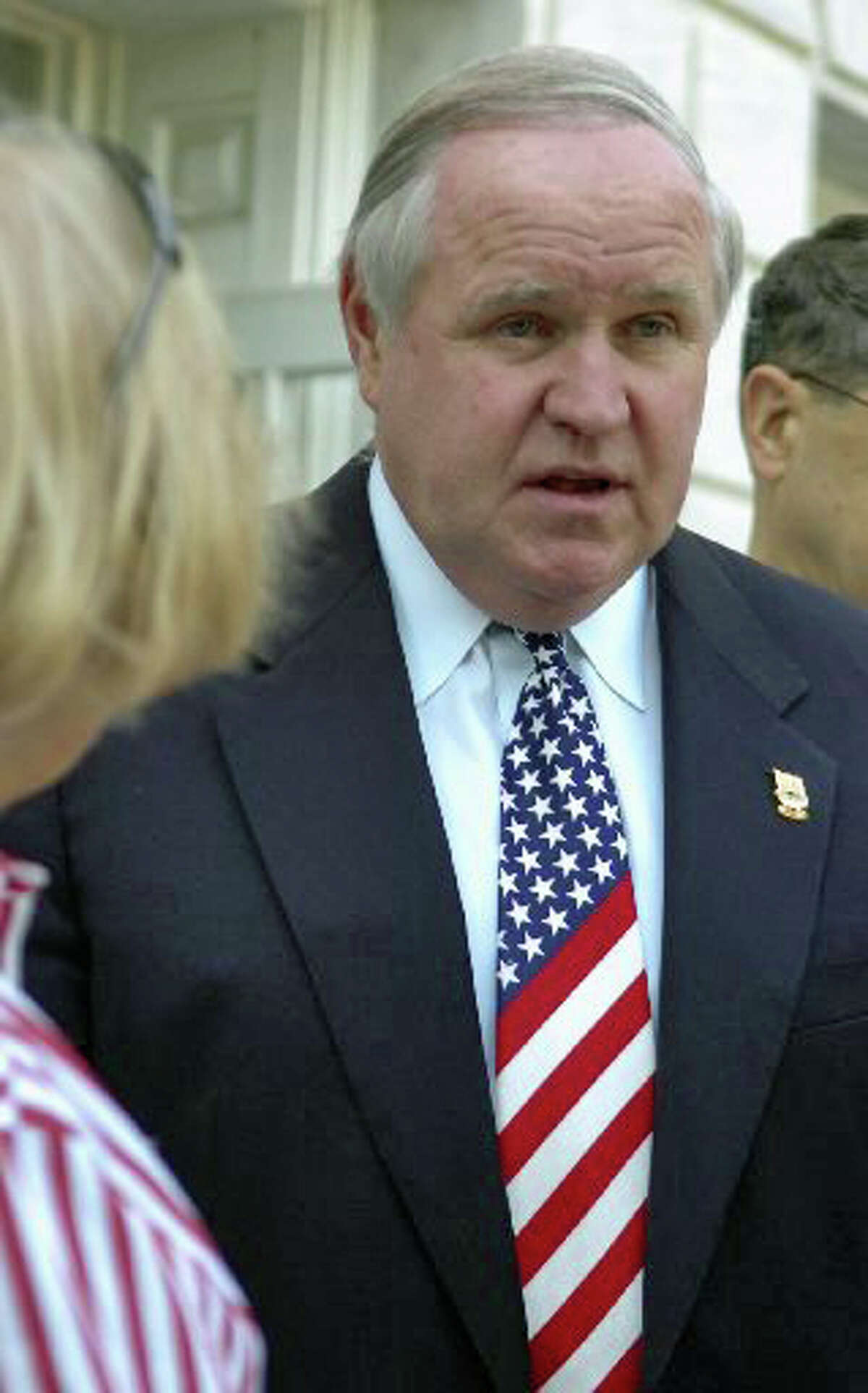 Selectman Dave Theis with his American flag tie at the Fourth of July Ceremony at the Greenwich Town Hall on Sunday, July 4, 2010.