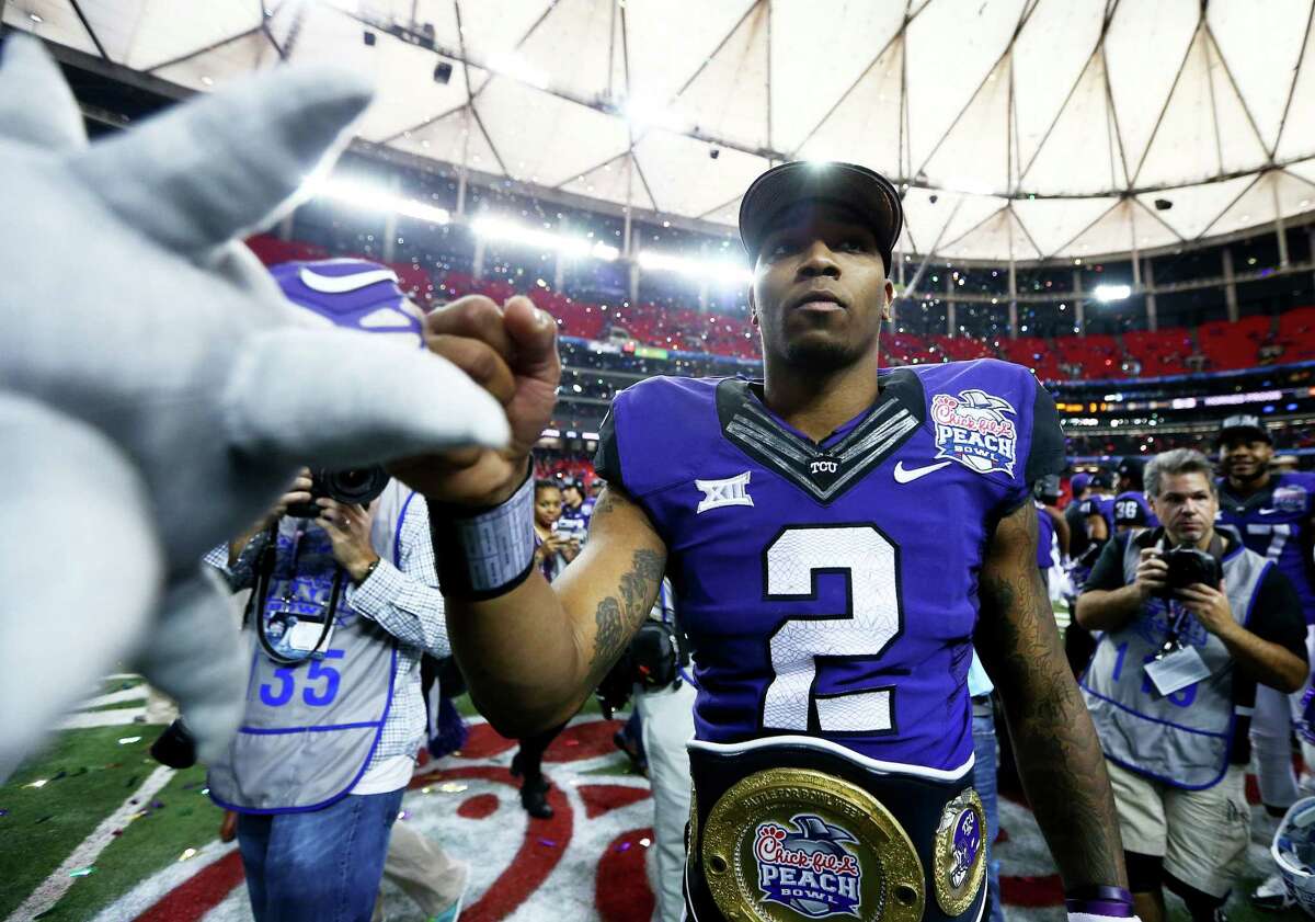 Trevone Boykin of the TCU Horned Frogs celebrates after their 42-3 win over the Ole Miss Rebels during the Peach Bowl at the Georgia Dome on Dec. 31, 2014 in Atlanta.