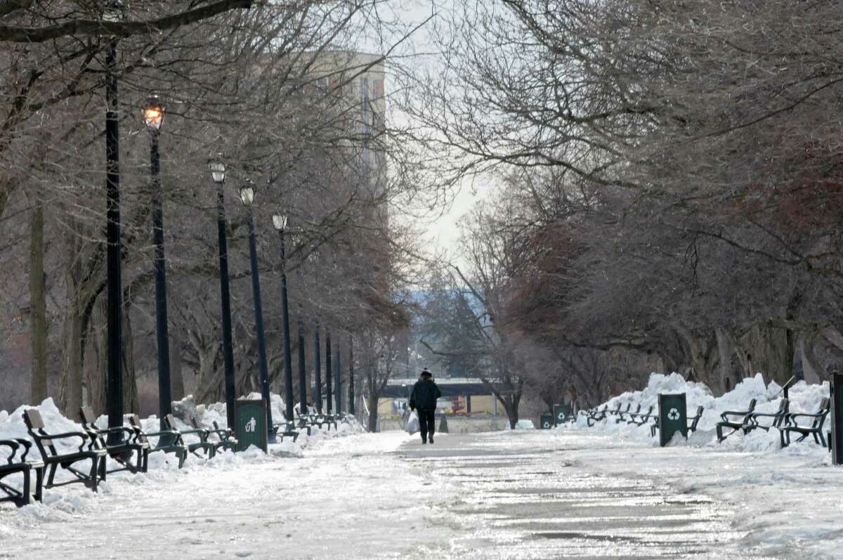 A man walks through Washington Park on a cold day Thursday, Feb. 27, 2014 in Albany, N.Y. (Lori Van Buren / Times Union)