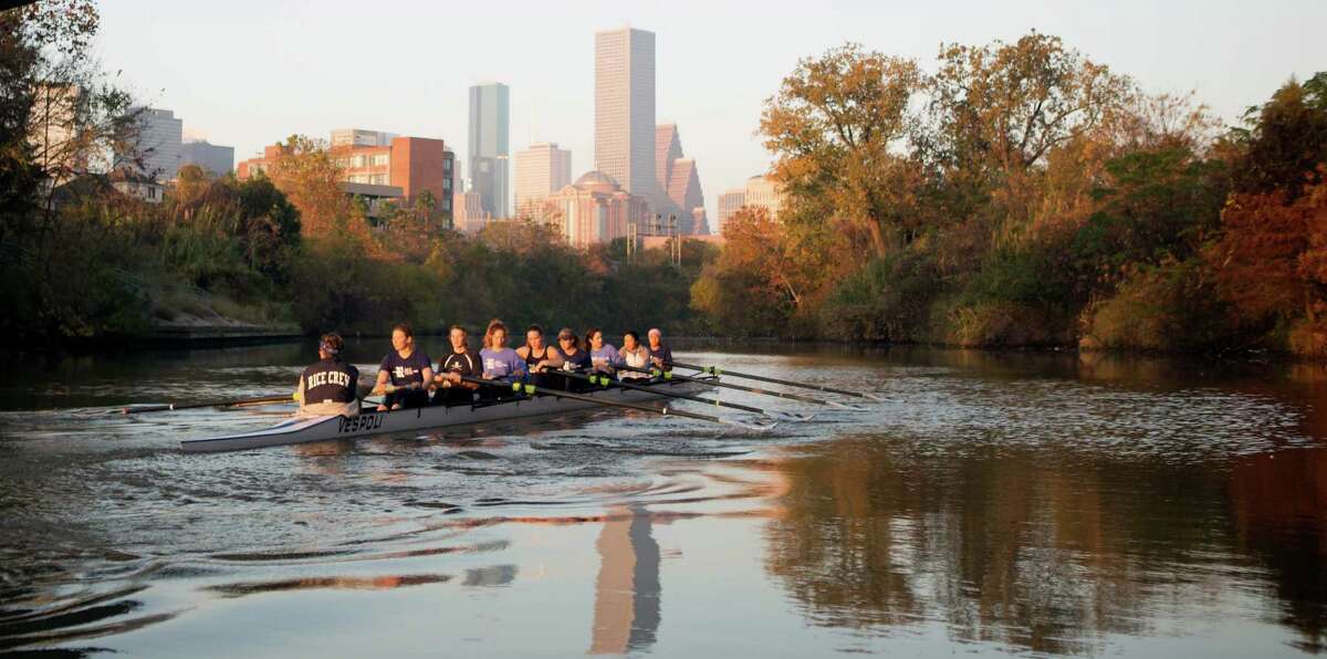 Rice University's women's rowing team practices on Buffalo Bayou.