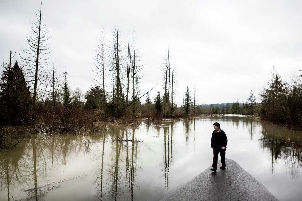 Carnation resident Diana Kaspic watches water slow creep toward her driveway over a washed out road on Monday, January 5, 2015, in Carnation, Washington. Floods and landslides closed several roads and forced evacuations across Western Washington following a heavy storm in the early morning.