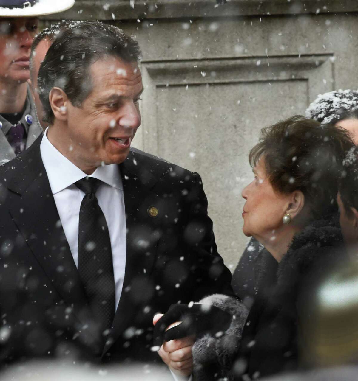 Gov. Andrew Cuomo gives his mother, Matilda Cuomo, a comforting smile as they arrive for the funeral of his father, former Governor Mario M. Cuomo, at St. Ignatius Loyola Church Tuesday morning, Jan. 6, 2015, in New York City, N.Y. (Skip Dickstein/Times Union)
