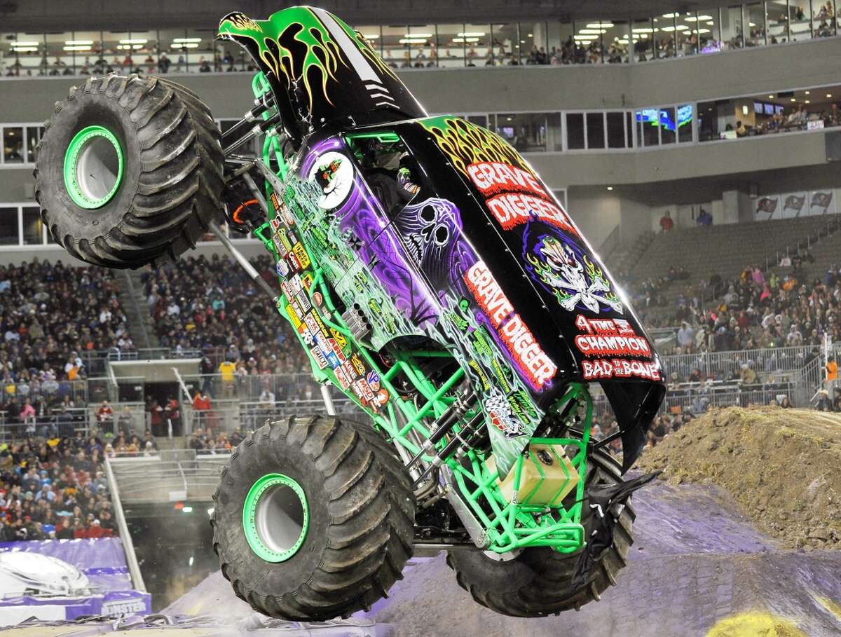 Legendary monster truck Grave Digger takes to the air during a Monster Jam performance.