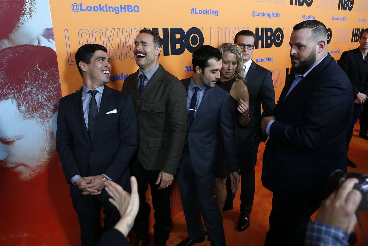 (left to right) HBO's "Looking at the Castro" cast members Raul Castillo (Richie), Murray Bartlett (Dom), Frankie J. Alvarez (Agustin), Lauren Weedman (Doris), Jonathan Groff (Patrick), and Daniel Franzese (Eddie) get ready for a group photo before the world premiere of "Looking" season two at the Castro Theatre in San Francisco, Calif. on Tuesday, January 6, 2015.