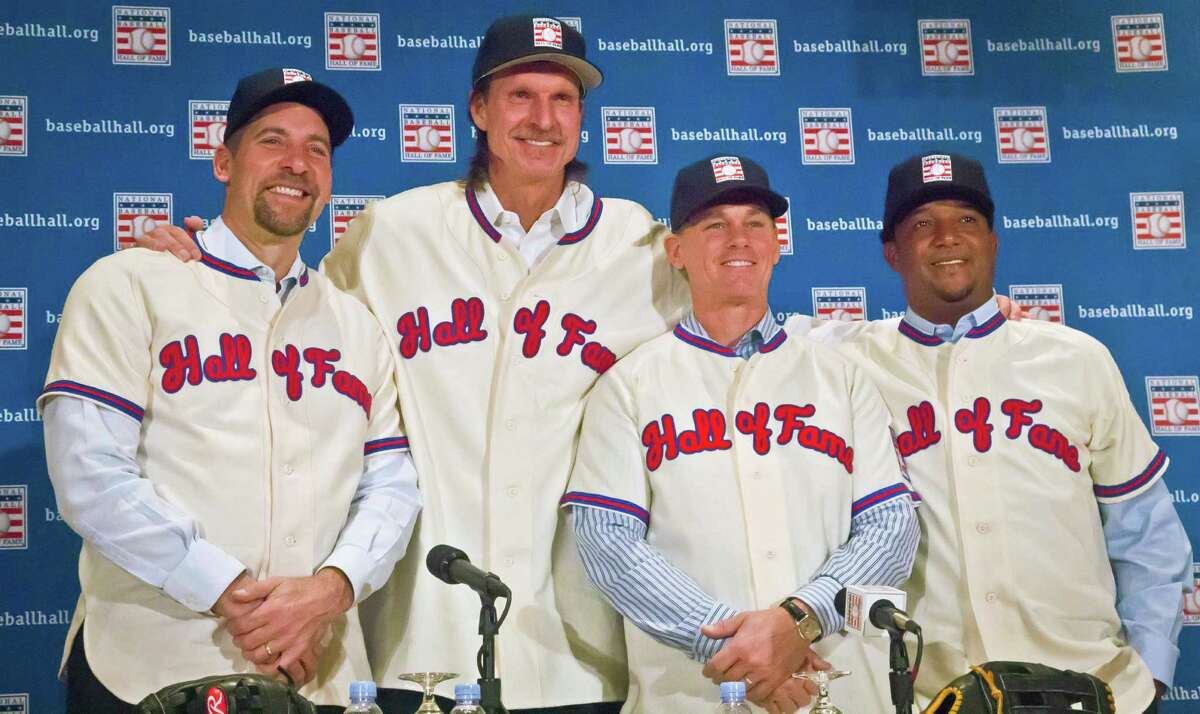 As newly minted Hall of Famers, John Smoltz, from left, Randy Johnson, Craig Biggio and Pedro Martinez were a class act in New York on Wednesday. Regarding the three pitchers, Biggio said it was "always fun to go up against the best of the best."
