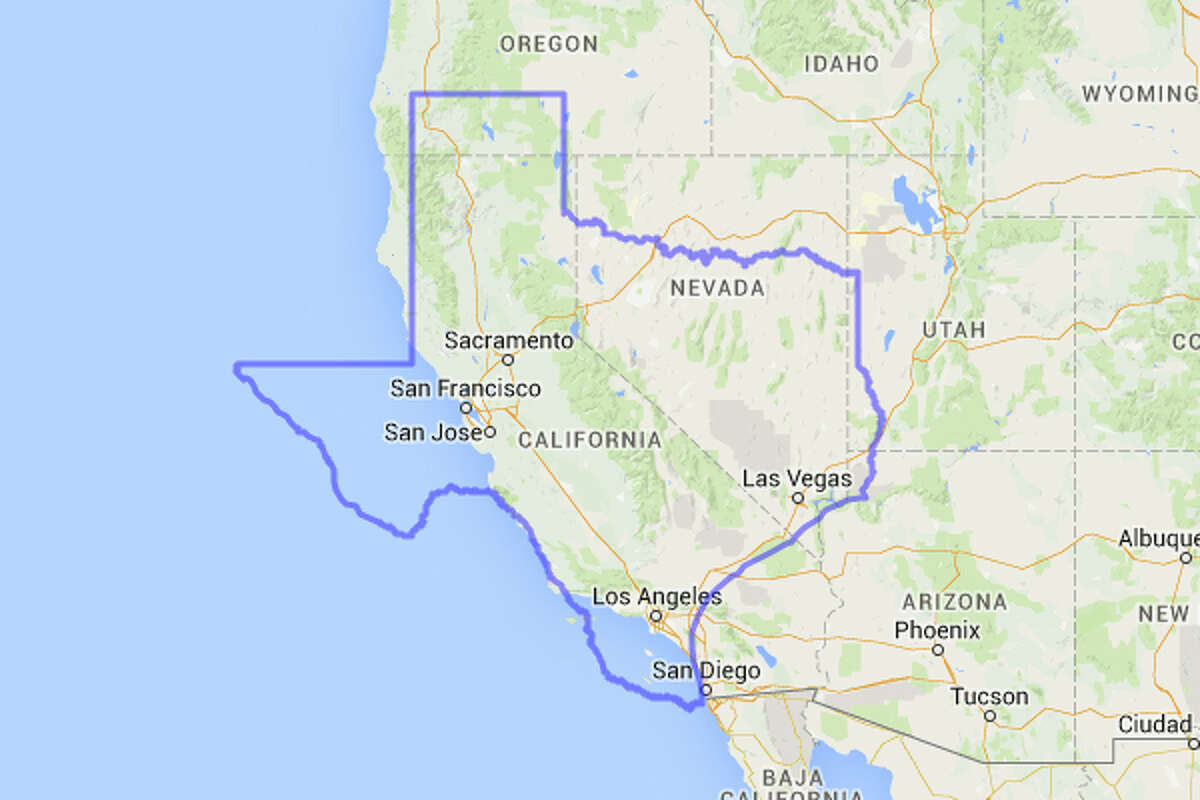 There's no way to entirely fit such an unnaturally shaped state as California within the flowing, wild borders of the Lone Star State.  