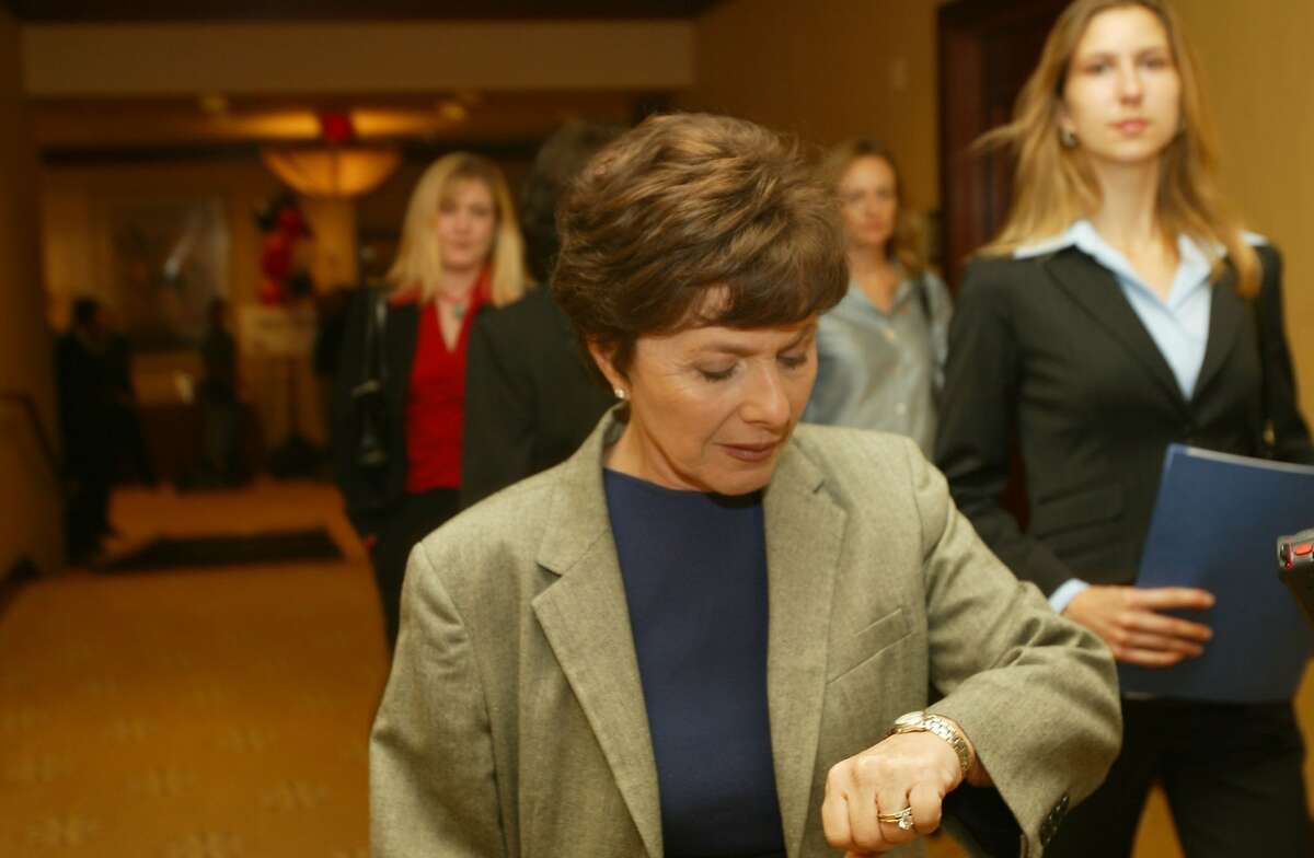 California Senator Barbara Boxer checks the time on her watch as she makes her way through the century Plaza Hotel. Election night at Califronia Governor Gray Davis headquarters, Century Plaza Hotel in Los Angeles, Tuesday Nov. 5, 2002.