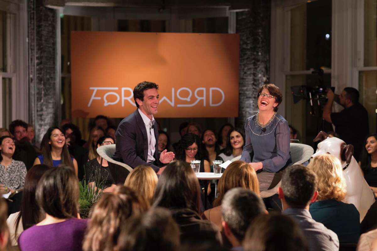 B.J. Novak and Kelly Corrigan in the first episode of “Foreword.”