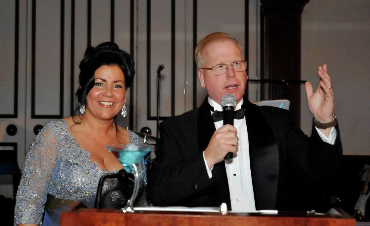 Mayor Mark Boughton and his wife Phyllis address attendees at the 12th Annual Mayor's Ball at the Amber Room Colonnade, in Danbury, Saturday, Jan 29, 2011.
