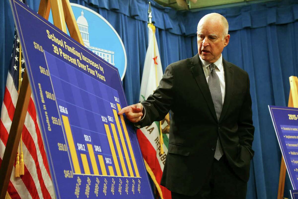Gov. Jerry Brown introduces his 2015 state budget at the Capitol in Sacramento on Friday