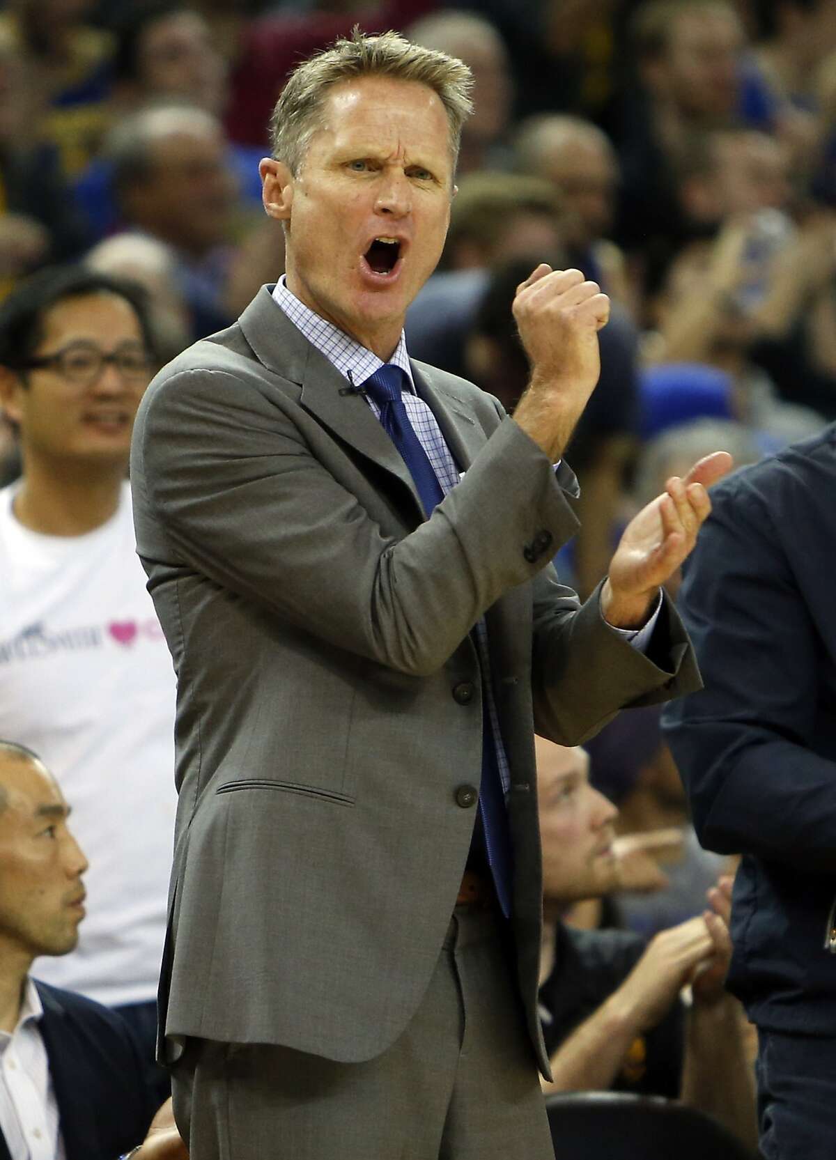 Golden State Warriors' head coach Steve Kerr complains about a non-call in 2nd quarter against Cleveland Cavaliers during NBA game at Oracle Arena in Oakland, Calif. on Friday, January 9, 2015.