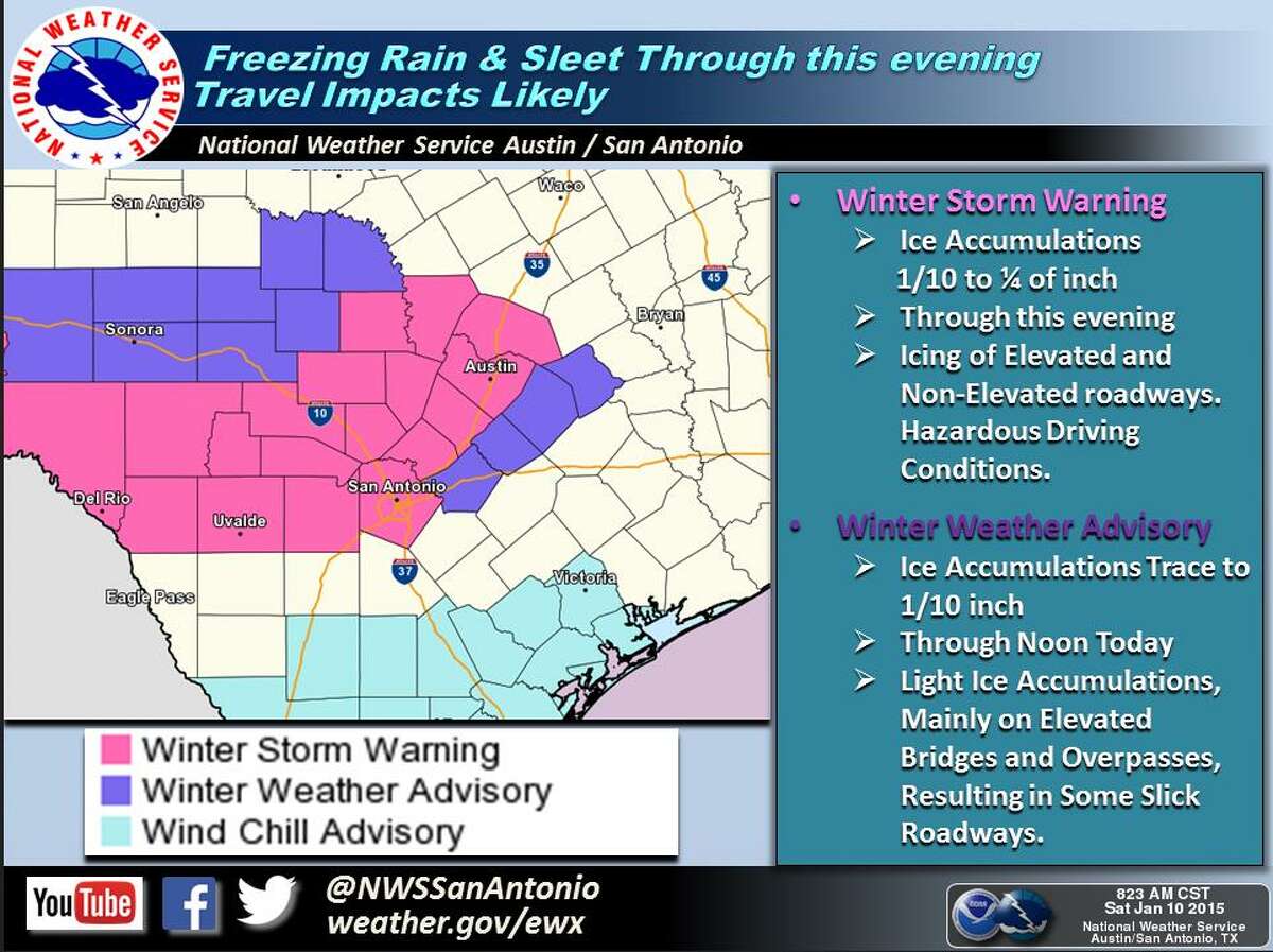 A winter storm warning remains in effect for the Hill Country