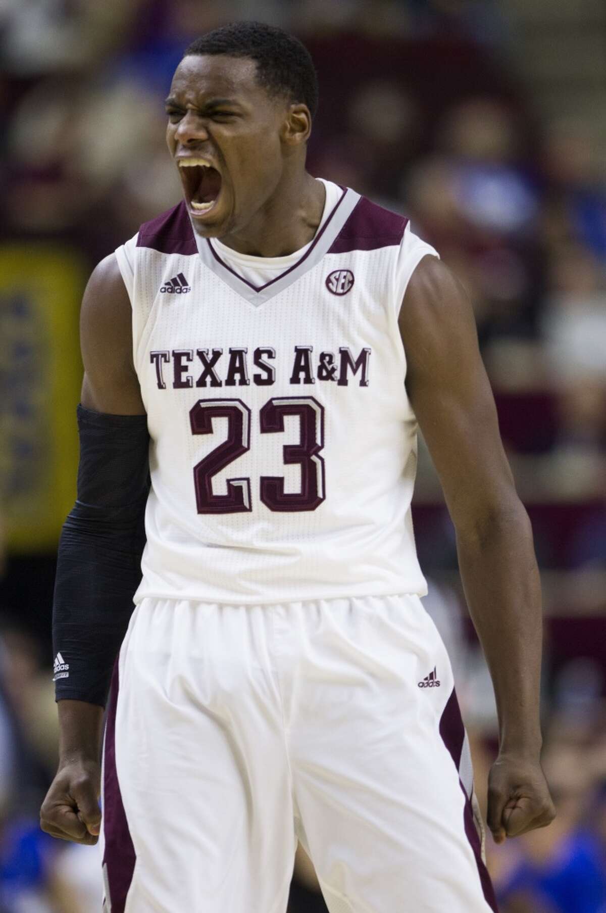 Texas A&M guard Danuel House (23) reacts to a play during the first half of a college basketball game against Kentucky at Reed Arena on Saturday, Jan. 10, 2015, in College Station. ( Brett Coomer / Houston Chronicle )