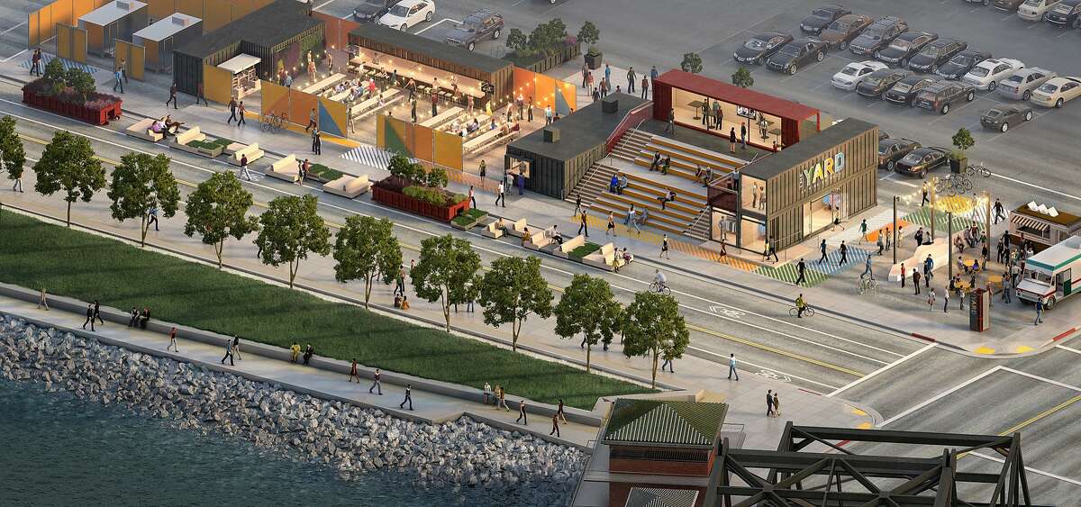 A proposal to transform a swath of the parking lot across from AT&T Park into a pop-up park with a beer garden, coffee shop, retail stores and a deck under a plan the Port of San Francisco will unveil today. Called The Yard, the 18,000 square foot temporary project is being pitched as a way to activate a portion of the property while the San Francisco Giants work on a much larger mixed-use housing and office development on the property.