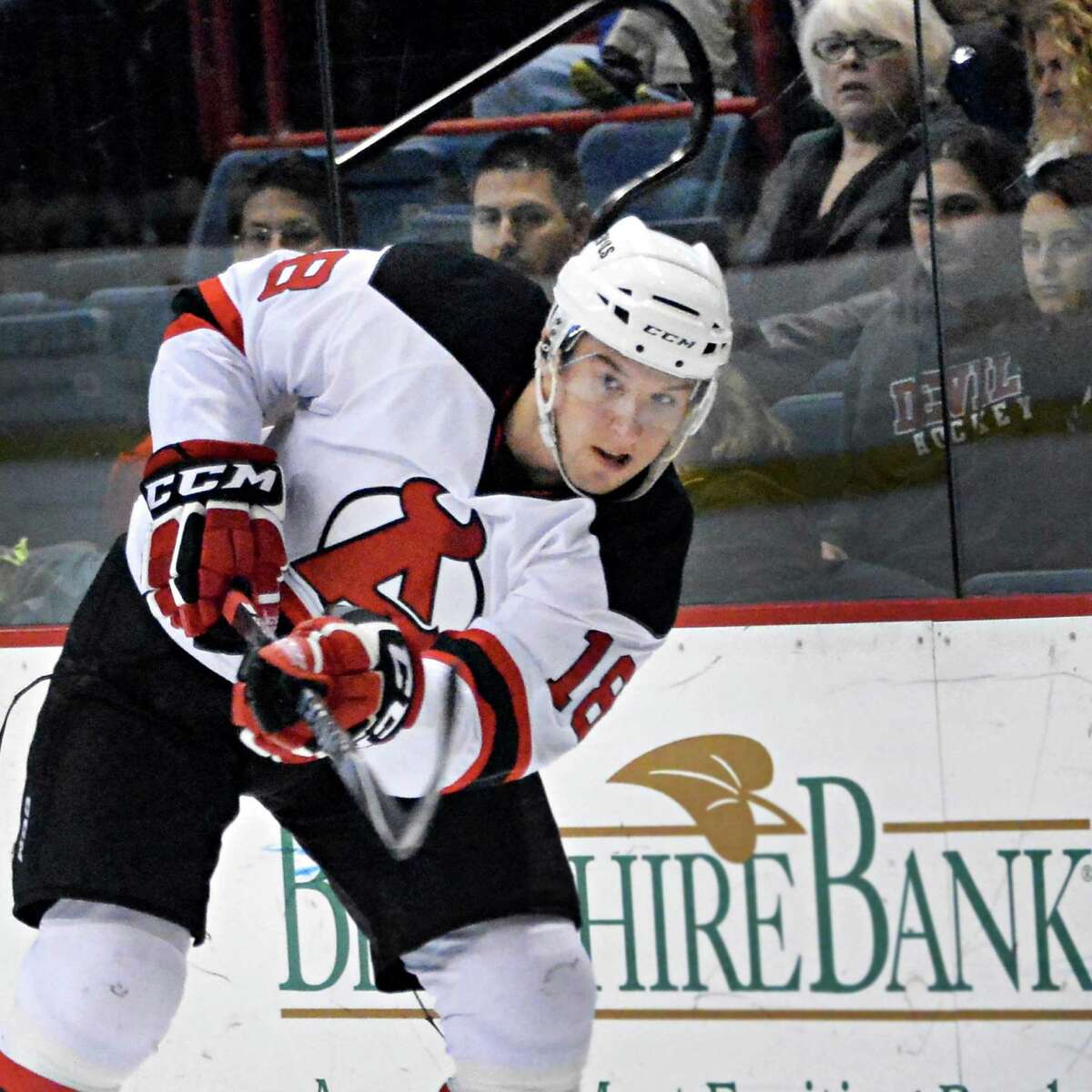 Albany Devils' #18 Stefan Matteau takes a shot on goal during Saturday's game against the Utica Devils at the Times Union Center Nov. 29, 2014 in Albany, NY. (John Carl D'Annibale / Times Union)