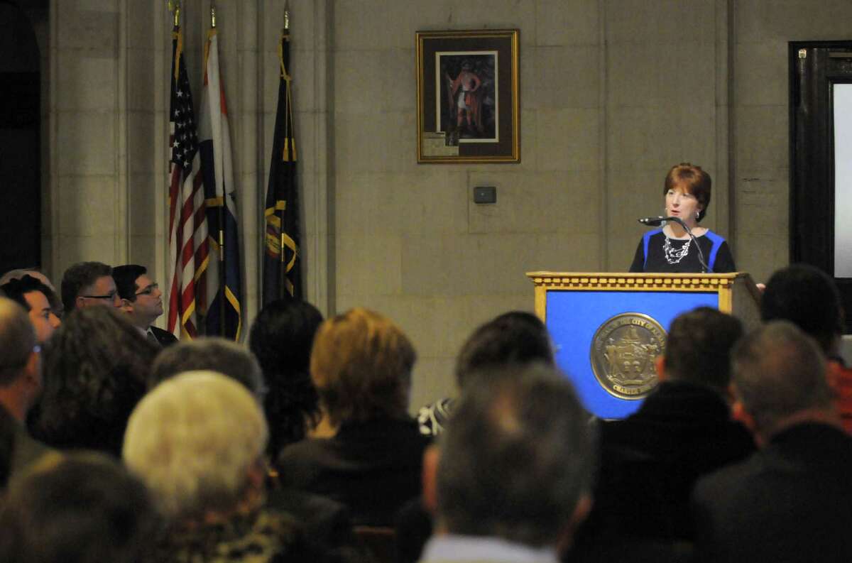 Mayor Kathy Sheehan delivers her state of the city address in the rotunda of City Hall on Wednesday Jan. 14, 2015 in Albany, N.Y. (Michael P. Farrell/Times Union)