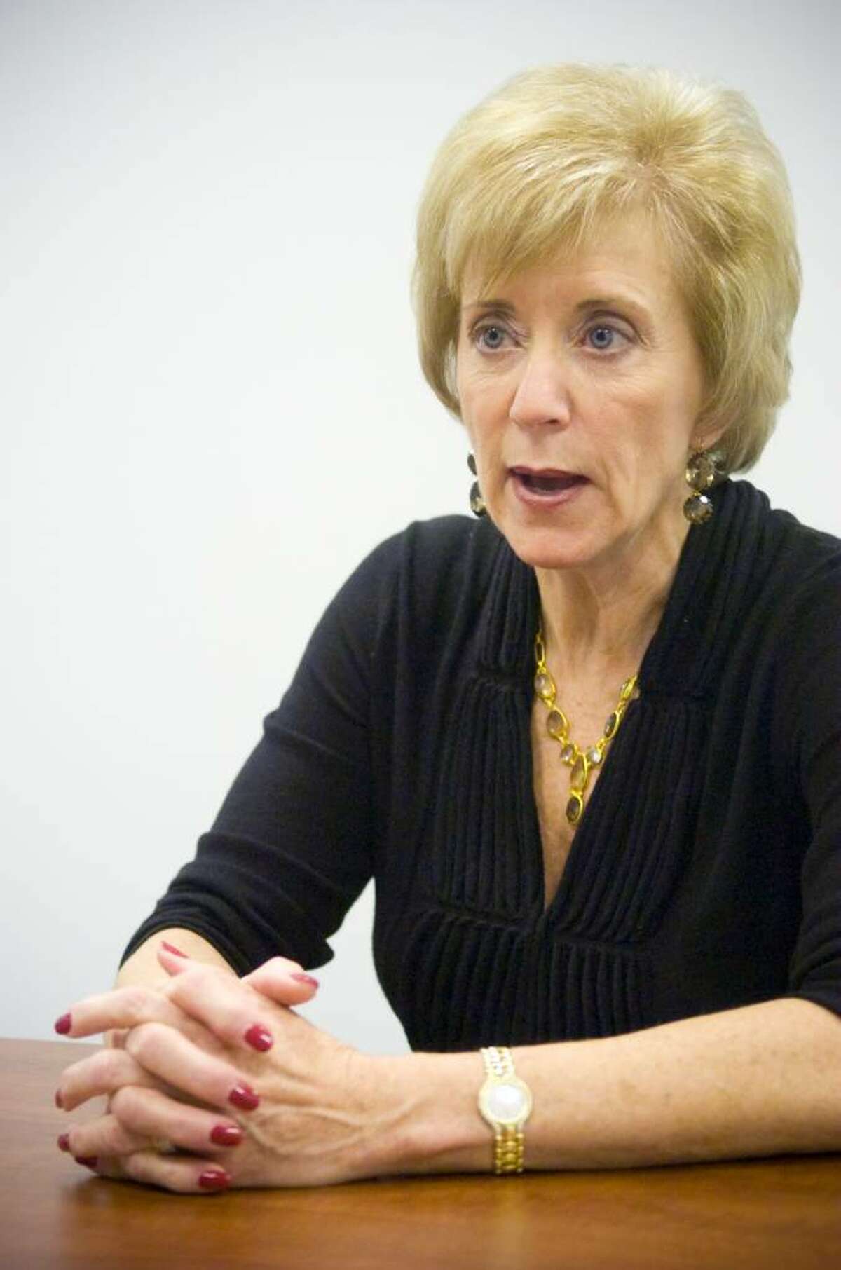 File photo of Linda McMahon, former CEO of World Wrestling Entertainment and current Republican candidate for U.S. Senate, during an interview at her campaign headquarters in Stamford, Conn. on Tuesday, Dec. 15, 2009.