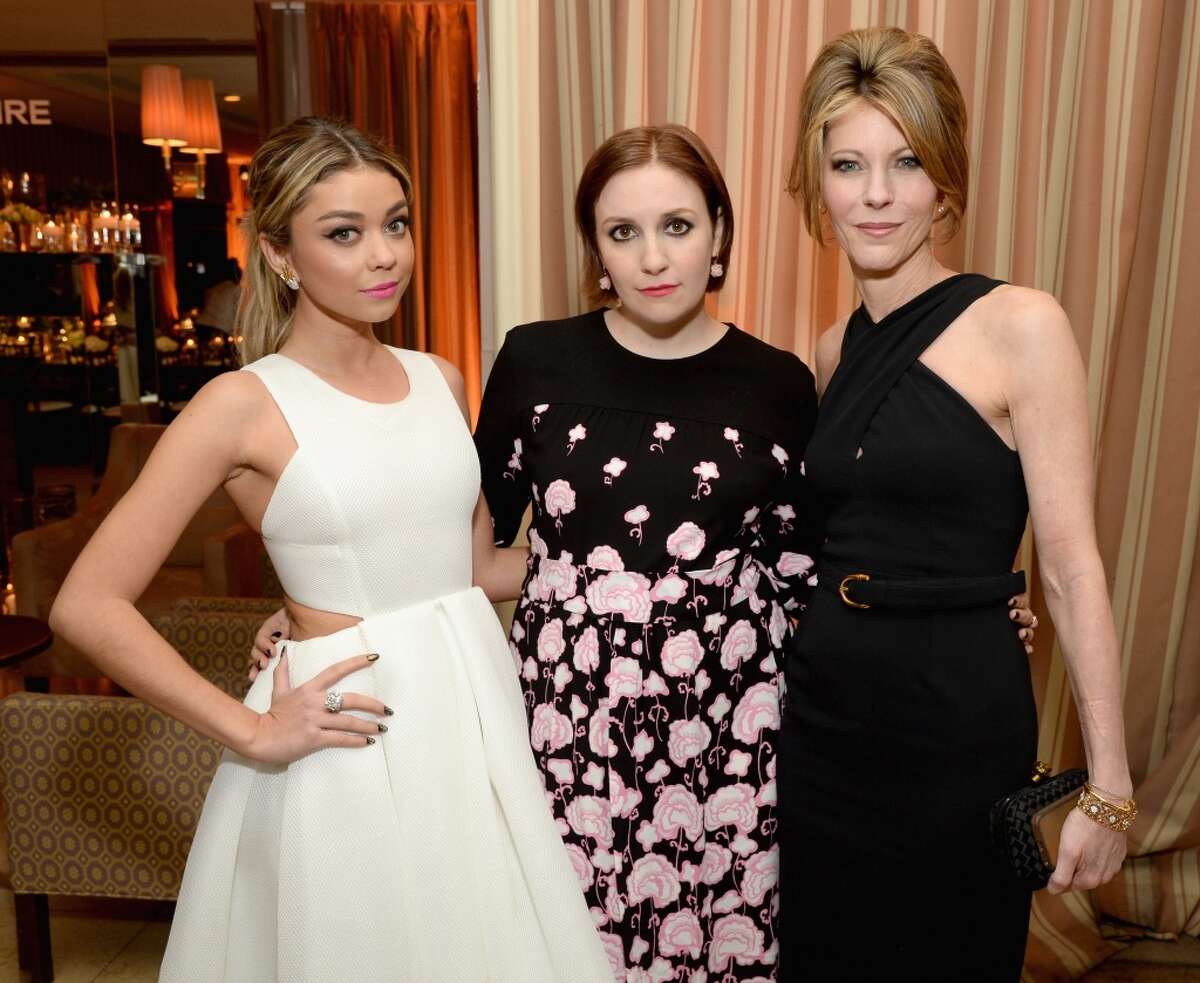 (L-R) Actresses Sarah Hyland, Lena Dunham and ELLE, Editor-in-Chief, Robbie Myers attend ELLE's Annual Women in Television Celebration on January 13, 2015 at Sunset Tower in West Hollywood, California. Presented by Hearts on Fire and Olay. (Photo by Michael Kovac/Getty Images for Elle/Hearts On Fire)