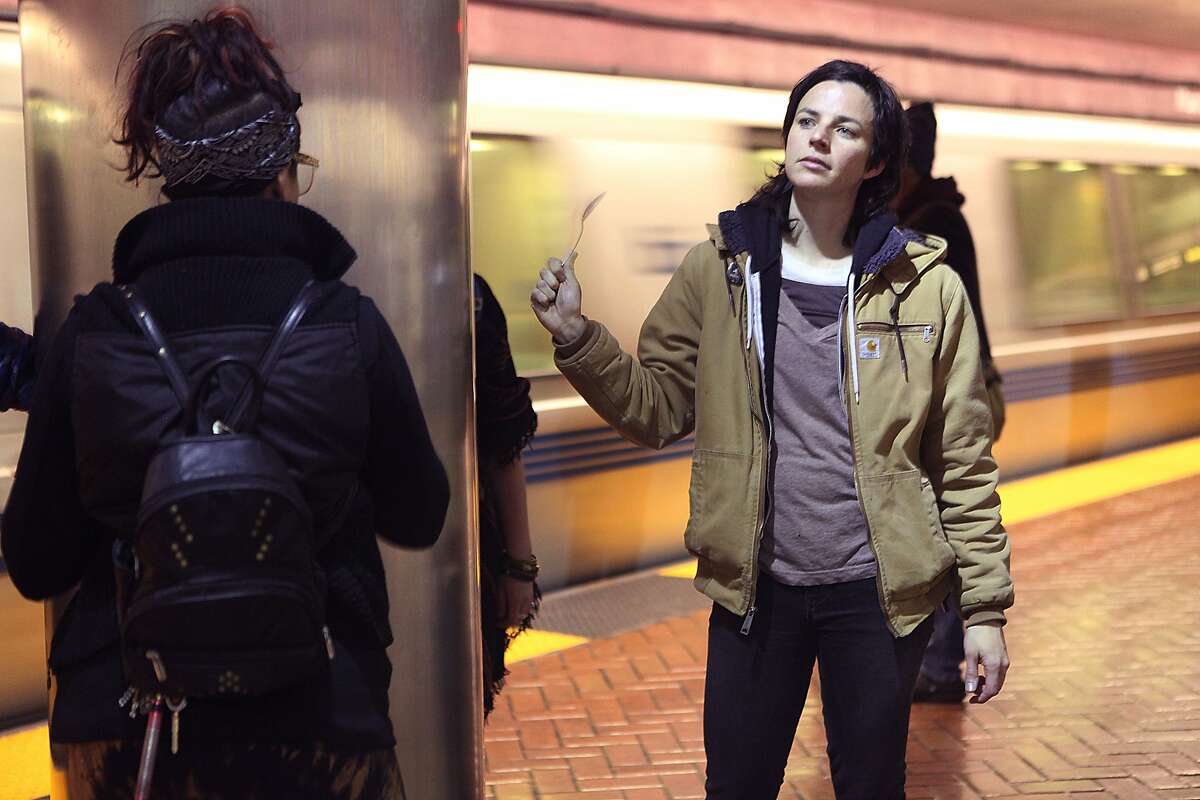 Jordan Reznick from San Francisco was one of the protesters hitting spoons on metal poles at the Montgomery Bart station platform in San Francisco, Calif., on Friday, January 16, 2015.