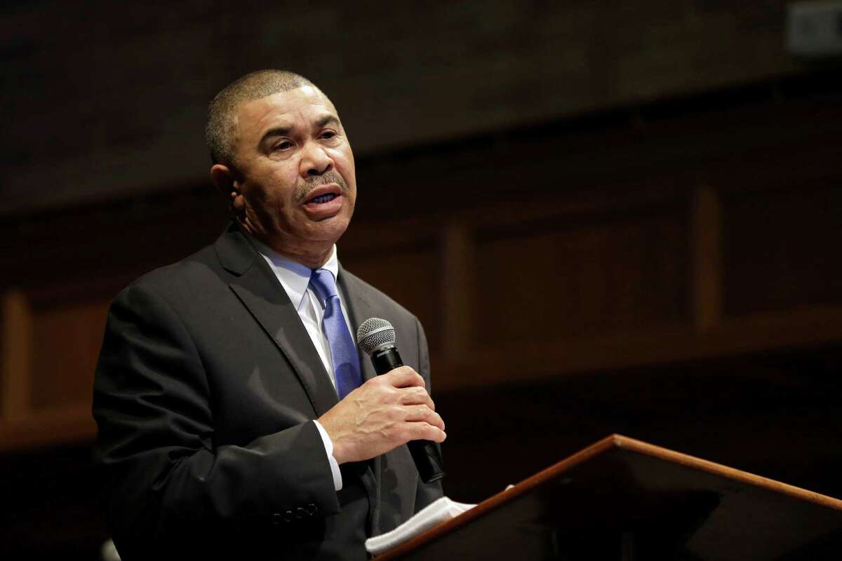 U.S. Rep. Wm. Lacy Clay, D-Mo., speaks during a church service at Wellspring Church Sunday, Jan. 18, 2015, in Ferguson, Mo. Clay spoke during the service about Martin Luther King Jr., a day before a federal holiday for the civil rights leader, as well as his desire to reform police procedures after the death of Michael Brown in Ferguson and other fatal police shootings nationwide. (AP Photo/Jeff Roberson)