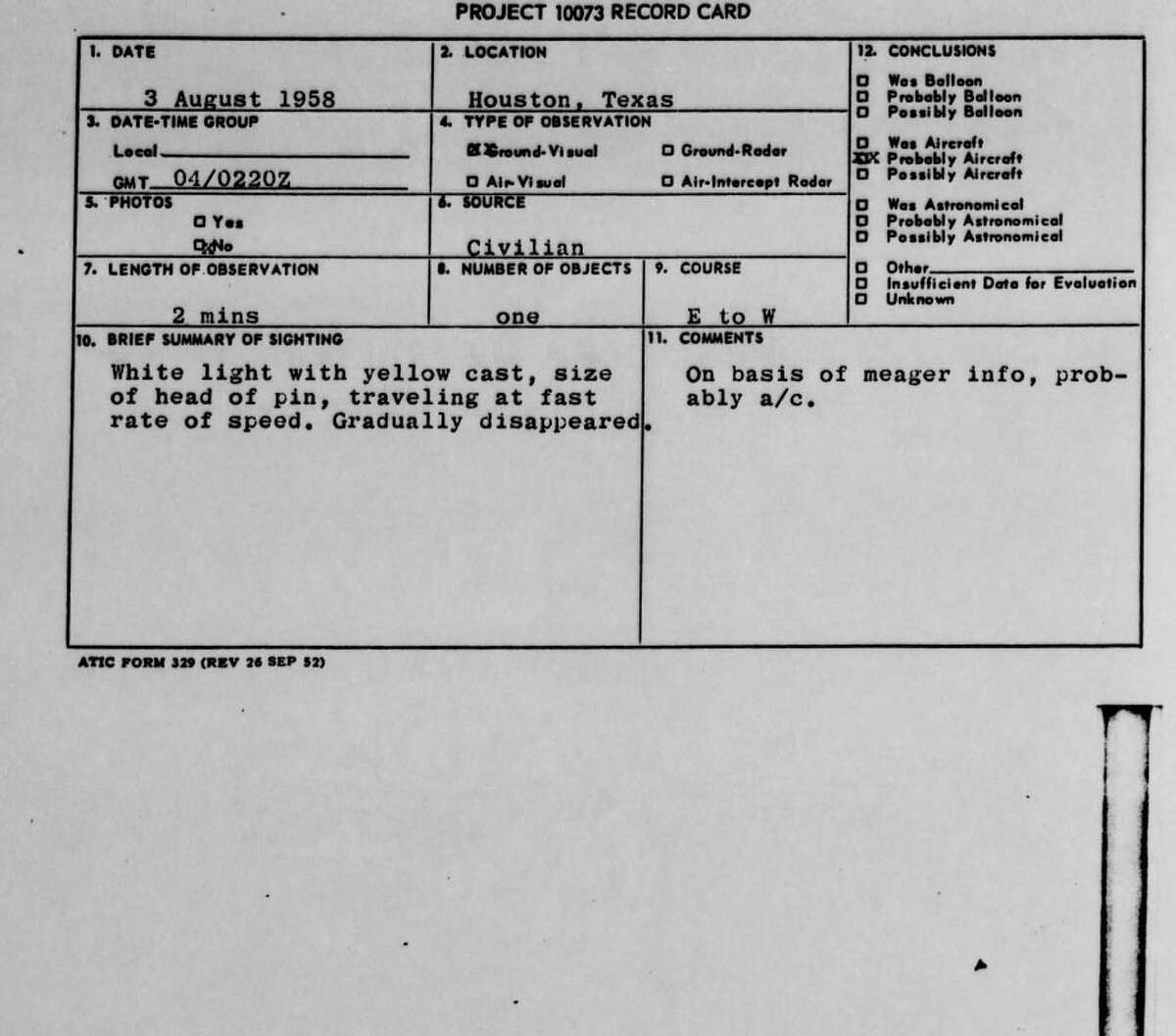 Project Blue Book Reveals Houston UFO Incidents