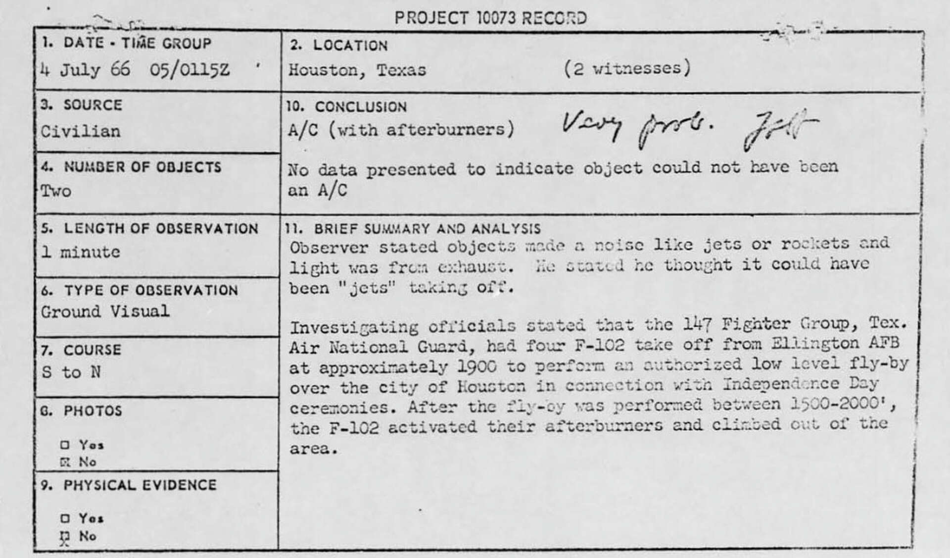 Project Blue Book Reveals Houston UFO Incidents