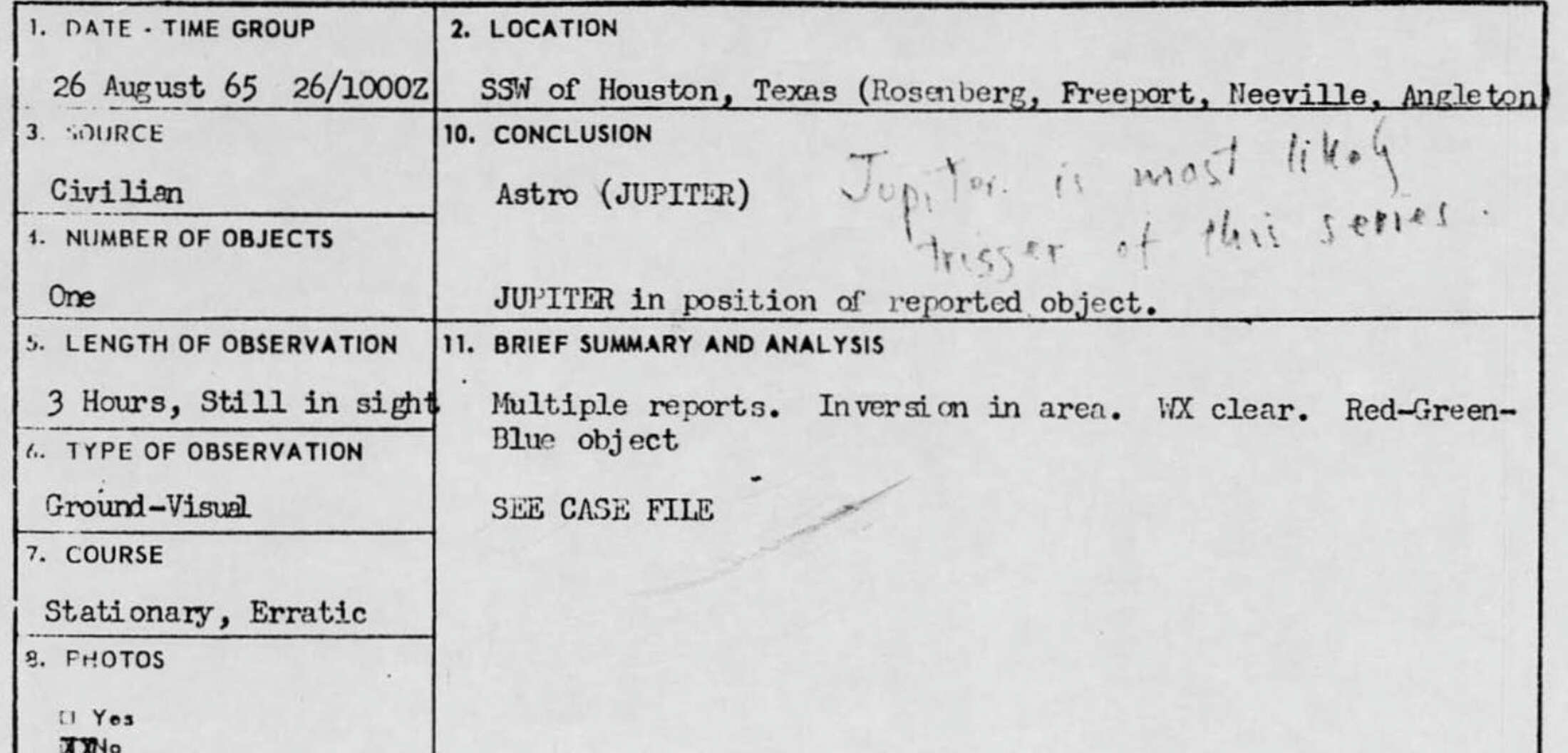 Project Blue Book Reveals Houston UFO Incidents