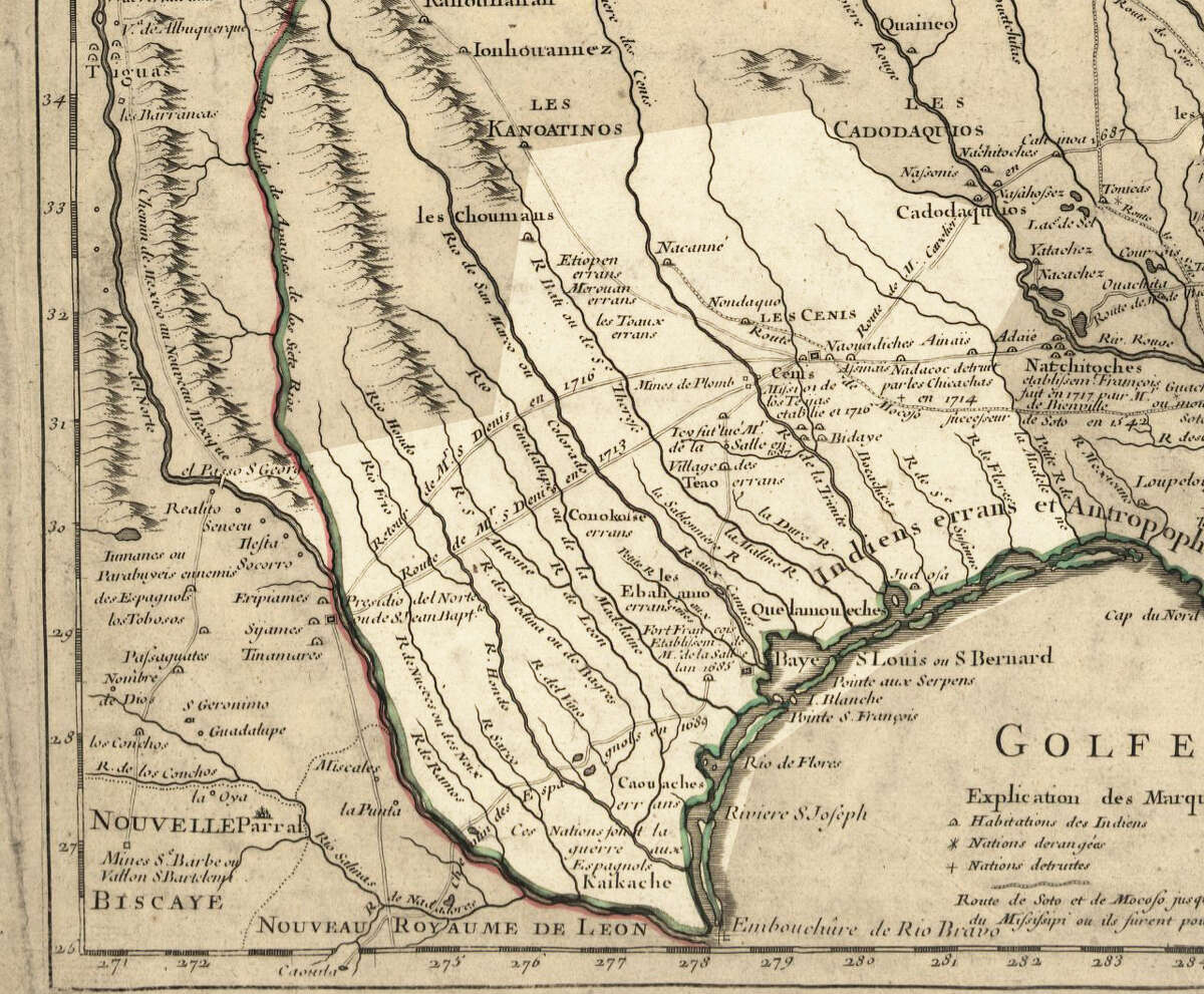 A 1718 map shows the Spanish colony of Texas, including various Native American villages and nations.Source: David Rumsey Map Collection