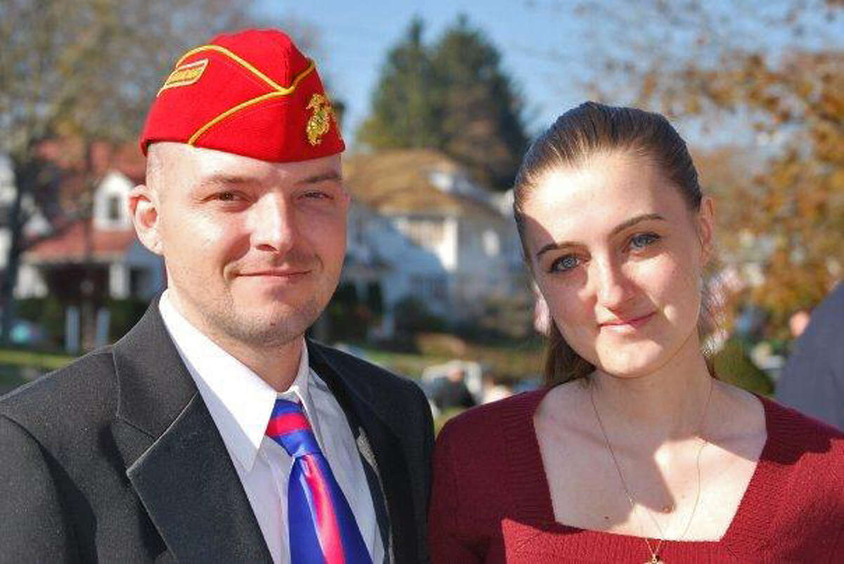Justin Eldridge and his wife, Joanna Eldridge. Justin, a Marine from Waterford, Conn. suffered from post-traumatic stress disorder and traumatic brain injury after a deployment to Afghanistan in 2004-05. Despite stints in VA hospitals and an array of medications, he killed himself in his home on Oct. 28, 2013. He was 31.