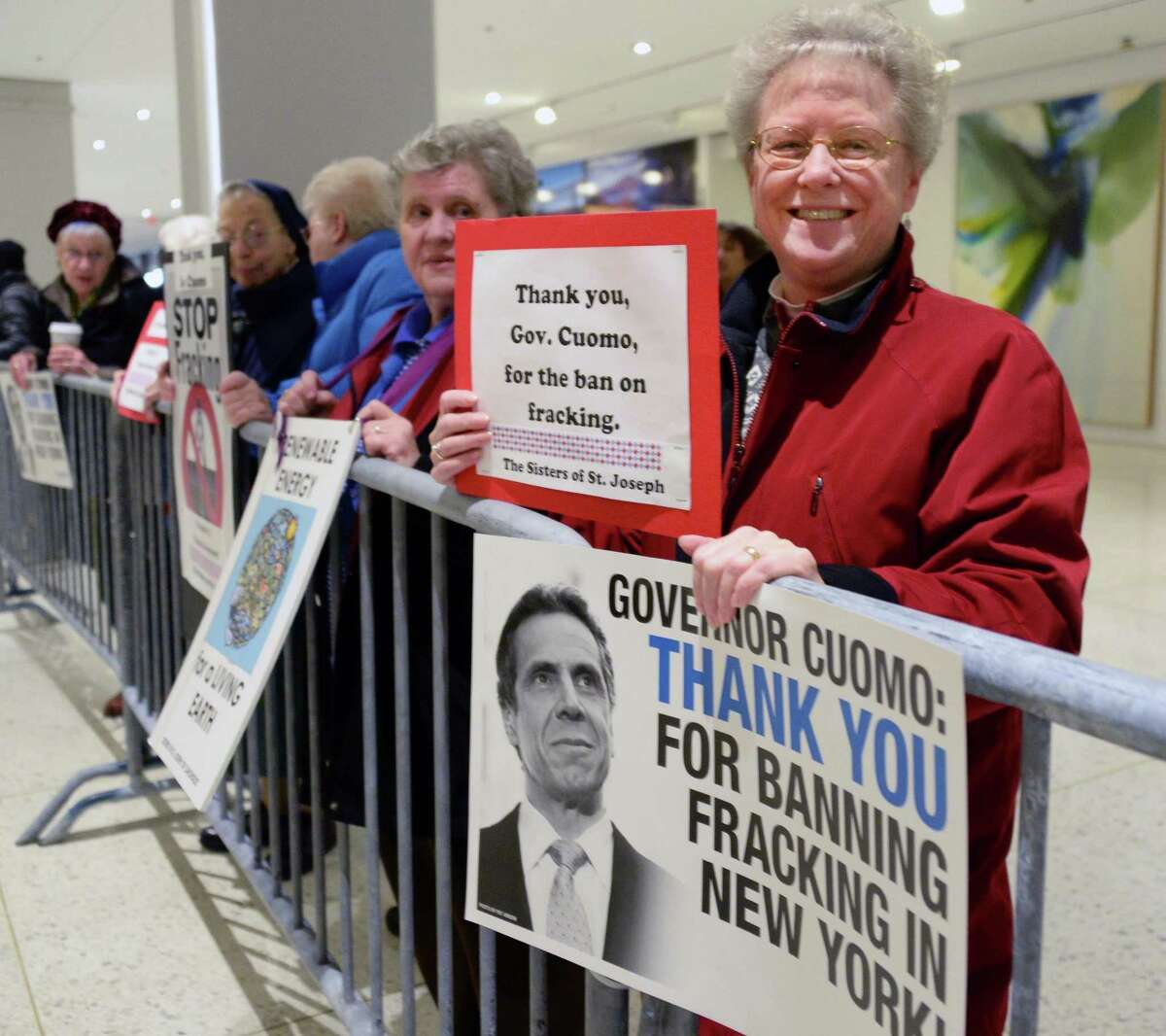 Sister Charla Whipple of Latham joins a celebratory rally thanking Gov. Andrew Cuomo for banning fracking outside State of the State address and budget proposal at Empire State Plaza Convention Center Wednesday January 21, 2015 in Albany, NY. (John Carl D'Annibale / Times Union)