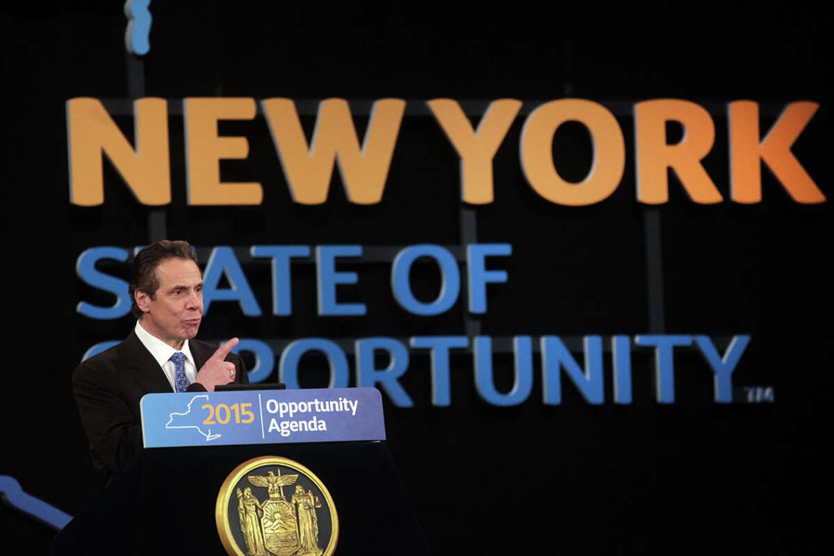 Gov. Andrew Cuomo delivers his 2015 State of the State address, in Albany, N.Y., Jan. 21, 2015. In a speech that doubled as a yearly budget outline, Cuomo called on New York lawmakers to control taxes and spending while simultaneously addressing income inequality, educational reforms and upstate fiscal woes. (Nathaniel Brooks/The New York Times) ORG XMIT: XNYT43