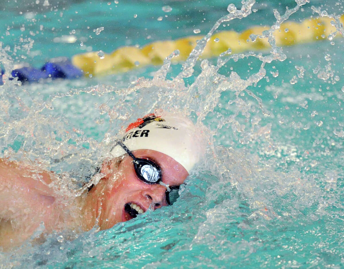Thomas Dillinger of Greenwich competes in the 200 freestyle event that he won during the high school swim meet between Greenwich High School and Darien High School at the YMCA of Darien, Conn., Wednesday, Jan. 21, 2015. The final score of the swim meet was Greenwich 109, Darien 74.
