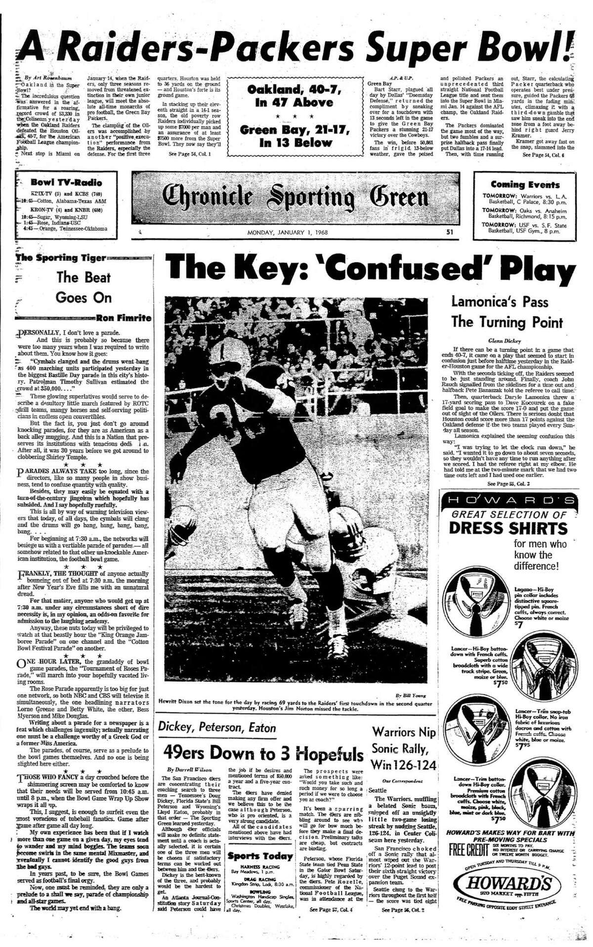 The front page from when the Oakland Raiders won the Championship game to reach Super Bowl II, eventually losing to the Green Bay Packers.