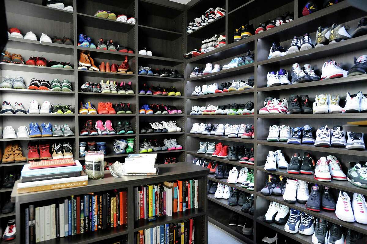 Iguodala keeps his favorite hardcover men’s fashion books easily accessible in both closets in hardcover edition for inspiration.The 300-400 pairs of size 16 sneakers in Iguodala’s collection (including everything from Saint Laurent and Giuseppe Zanotti to shelves devoted to Air Jordans) represent only “a fraction” of the collection.
