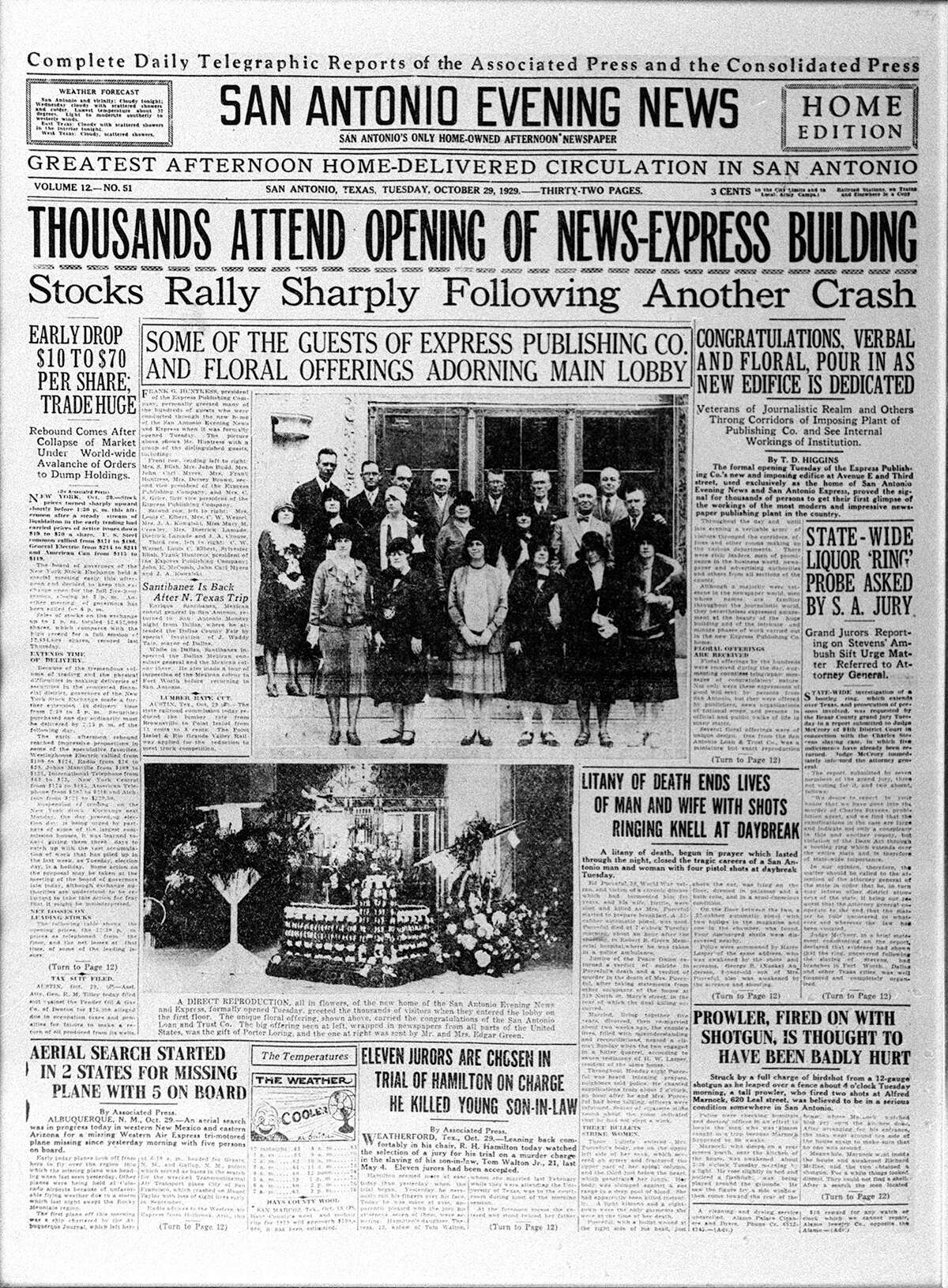 Front page with headlines show the grand opening of the Express-News building Oct. 29, 1929.
