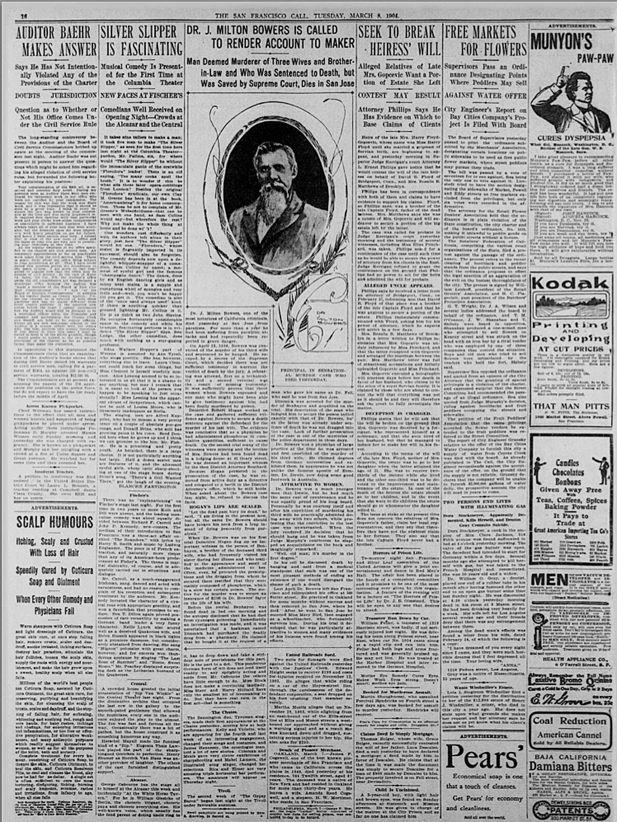 摘自《旧金山通讯》1908年3月8日。关于米尔顿·鲍尔斯之死的故事。1923年1月1日之前出版的所有报纸都属于公共领域，因此没有使用限制。如果出版，引用，或以其他方式复制这个集合的图像，我们要求您按照以下顺序命名CDNC:加州大学河滨分校书目研究和研究中心的加州数字报纸集合。1904年3月8日旧金山打来的电话。1923年1月1日之前出版的所有报纸都属于公共领域，因此没有使用限制。如果出版，引用，或以其他方式复制这个集合的图像，我们要求您按照以下顺序命名CDNC:加州大学河滨分校书目研究和研究中心的加州数字报纸集合。