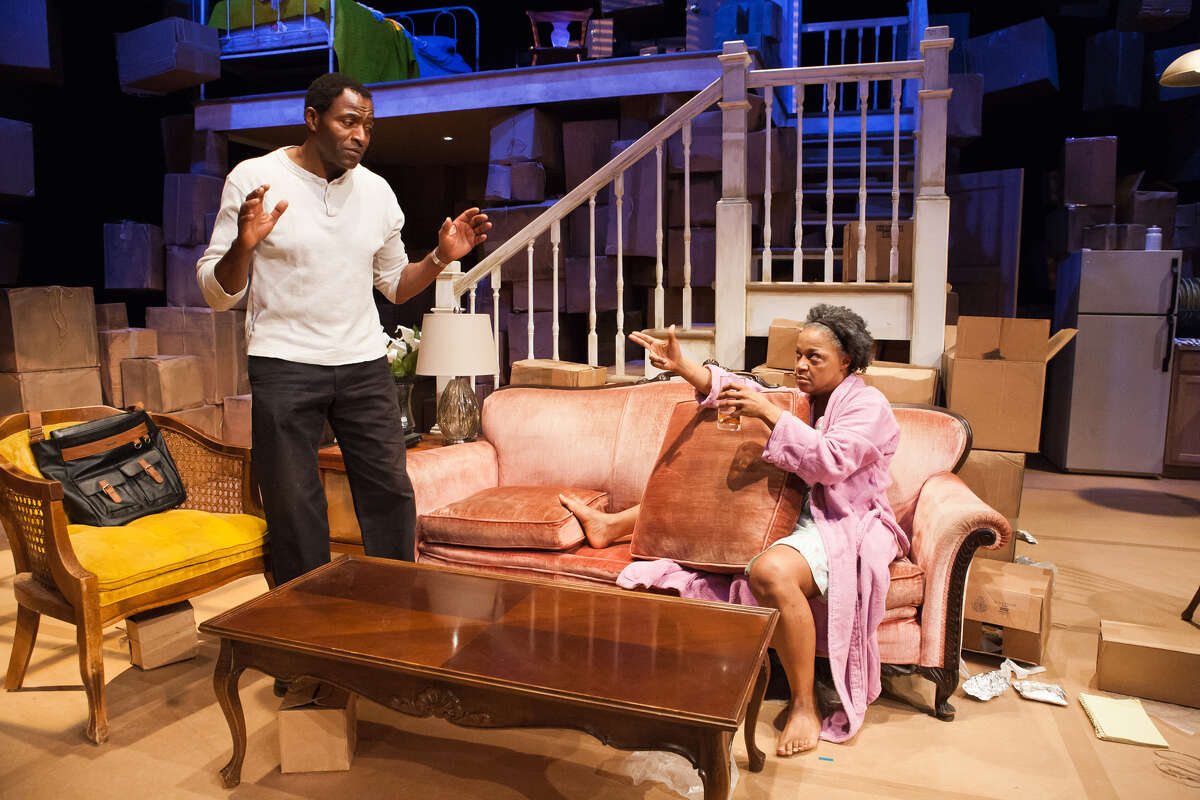 Leo (Carl Lumbly, left) attempts to calm his mother Jessalyn (Cathleen Riddley) in "Tree" at San Francisco Playhouse