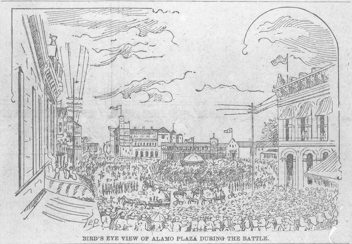 1891 – San Antonio's beloved Fiesta began when a group of women decided to pay homage to the heroes of the 1836 battles of the Alamo and San Jacinto. In 1891, the women decorated horse-drawn carriages, and then paraded in front of the Alamo, where they showered each other with flower blossoms. This illustration from the San Antonio Express-News from April 21, 1894, shows a bird's eye view of the Alamo Plaze during the Battle of Flowers Parade.