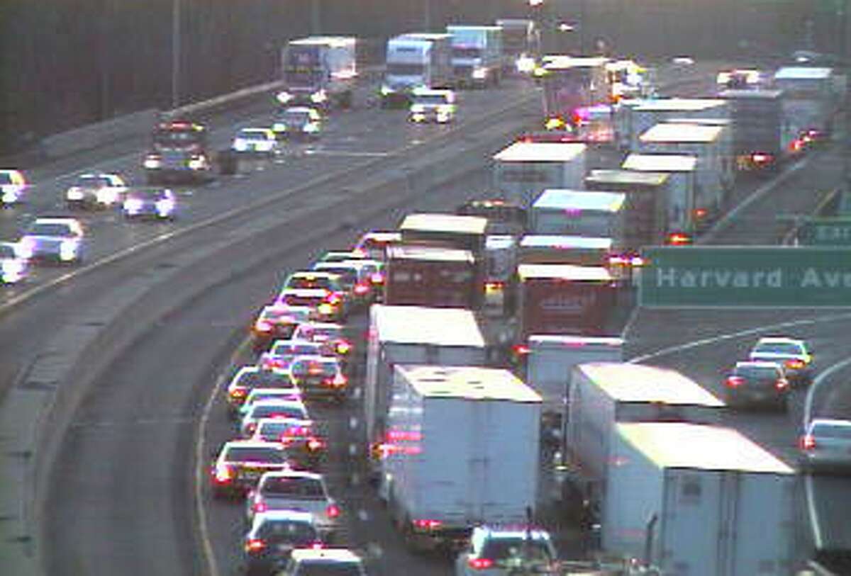 Traffic on I-95 in Stamford is backed up Tuesday morning due to a tractor-trailer accident between exits 5 and 6.