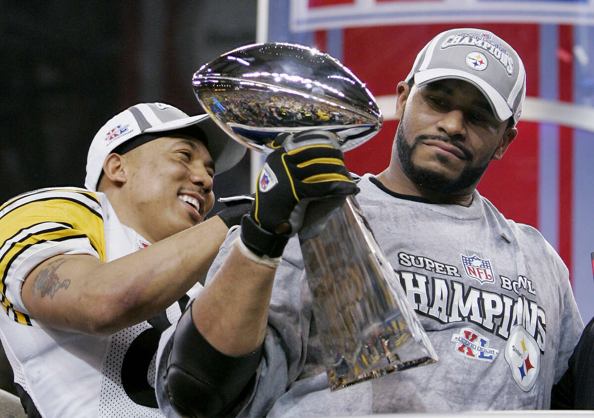 Pittsburgh Steelers Jerome Bettis, right, and Super Bowl XL Most Valuable Player Hines Ward react at the end of a 21-10 win over the Seattle Seahawks in Super Bowl XL on Sunday, Feb. 5, 2006. (AP Photo/David J. Phillip)