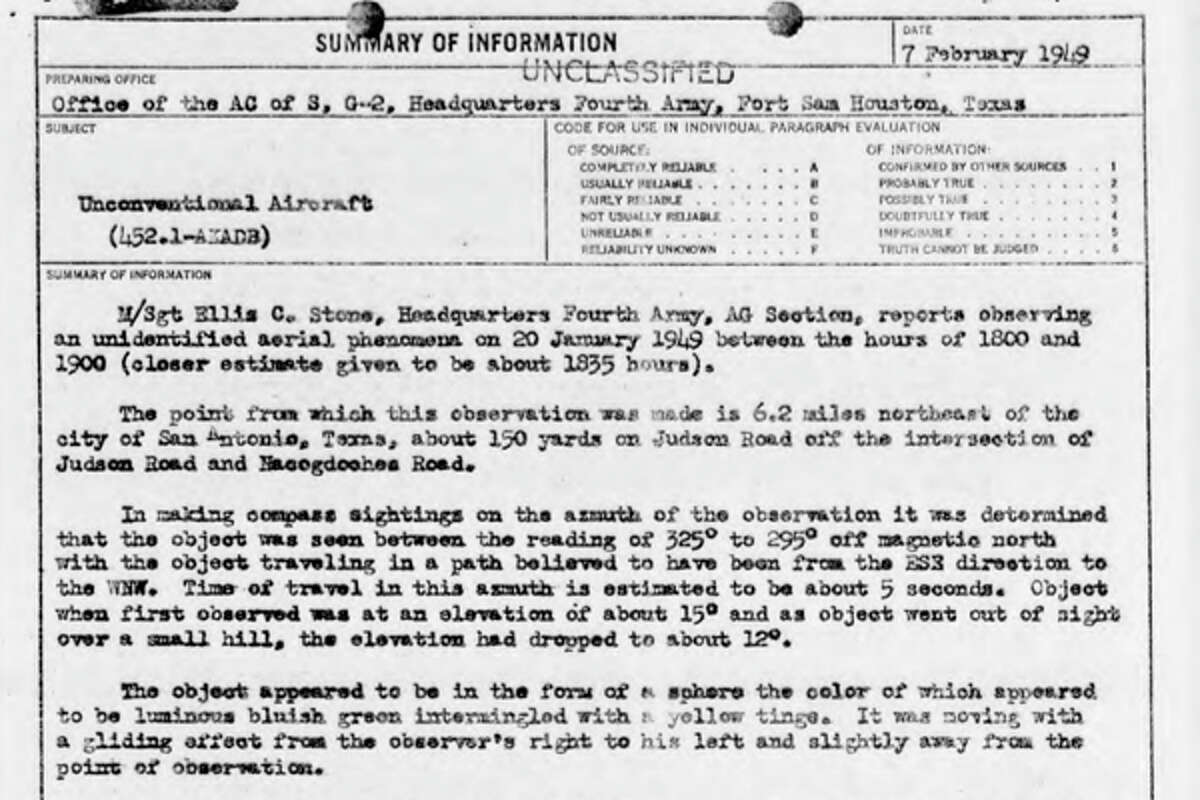 Investigator's report summary of a sighting on February 7, 1949.