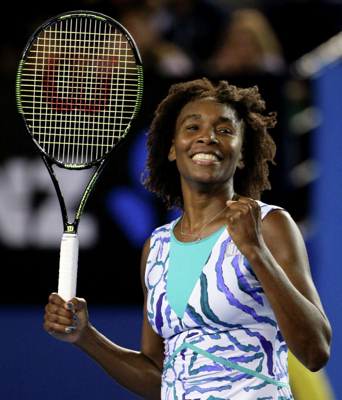 Venus Williams reacts to defeating Agnieszka Radwanska and reaching the quarterfinals at a major for the first time since 2010.