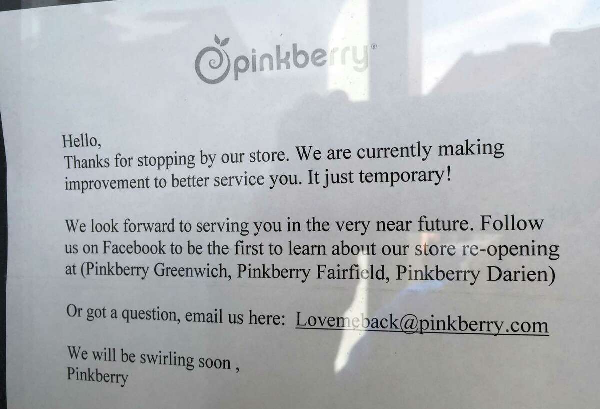 The closed Pinkberry store at 369 Greenwich Ave., Greenwich, Conn., Thursday, Jan. 29, 2015. A sign on the front door says, "We are currently making improvement to better service you. It is just temporary!"