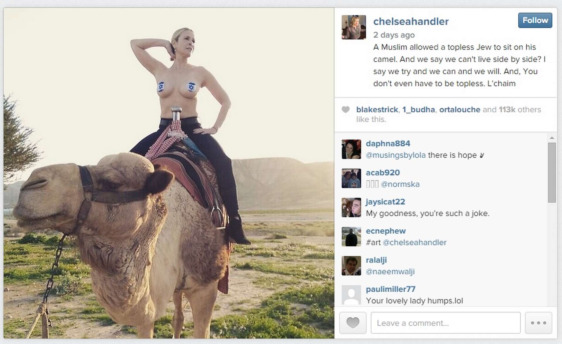 Chelsea Handler calls for peace in the Middle East with yet another topless  photo