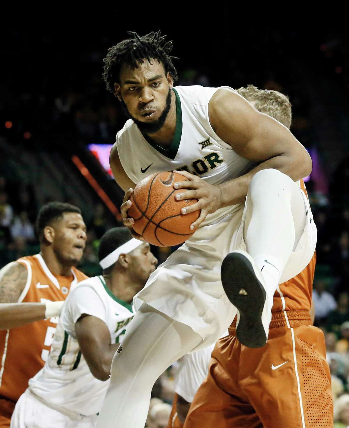 Baylor forward Rico Gathers (2) comes down with one of his 11 first-half rebounds in an NCAA college basketball game against Texas, Saturday, Jan. 31, 2015, in Waco, Texas. (AP Photo/Tony Gutierrez)
