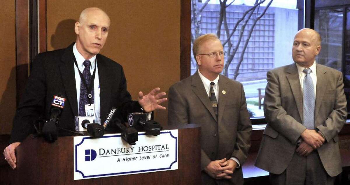 Two people were shot at Danbury Hospital Tuesday afternoon outside the Heart and Vascular Center. Frank Kelly, President and CEO of Danbury Hospital, speaks about the incident at a press conference on Tuesday, March 2, 2010 . At center is Danbury Mayor Mark Boughton and right is Police Chief Alan Baker.