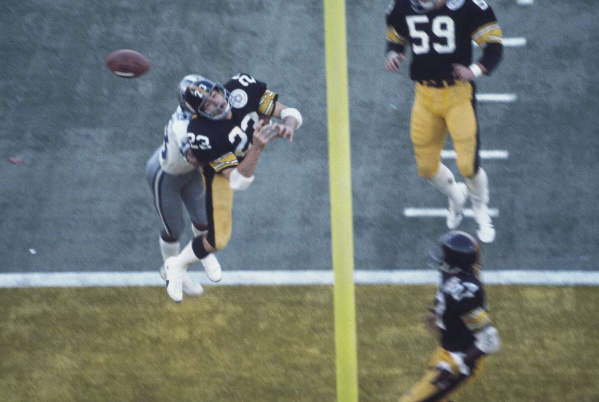 10. X, 1976: Cowboys 21, Steelers 17 The Steelers trailed 10-7 entering the fourth quarter before rallying for 14 points. The Cowboys, trailing 21-17, got the ball back with 1:22 left, but Roger Staubach's Hail Mary was tipped by Mike Wagner (23) and intercepted in the end zone by Glen Edwards (27) as time expired.