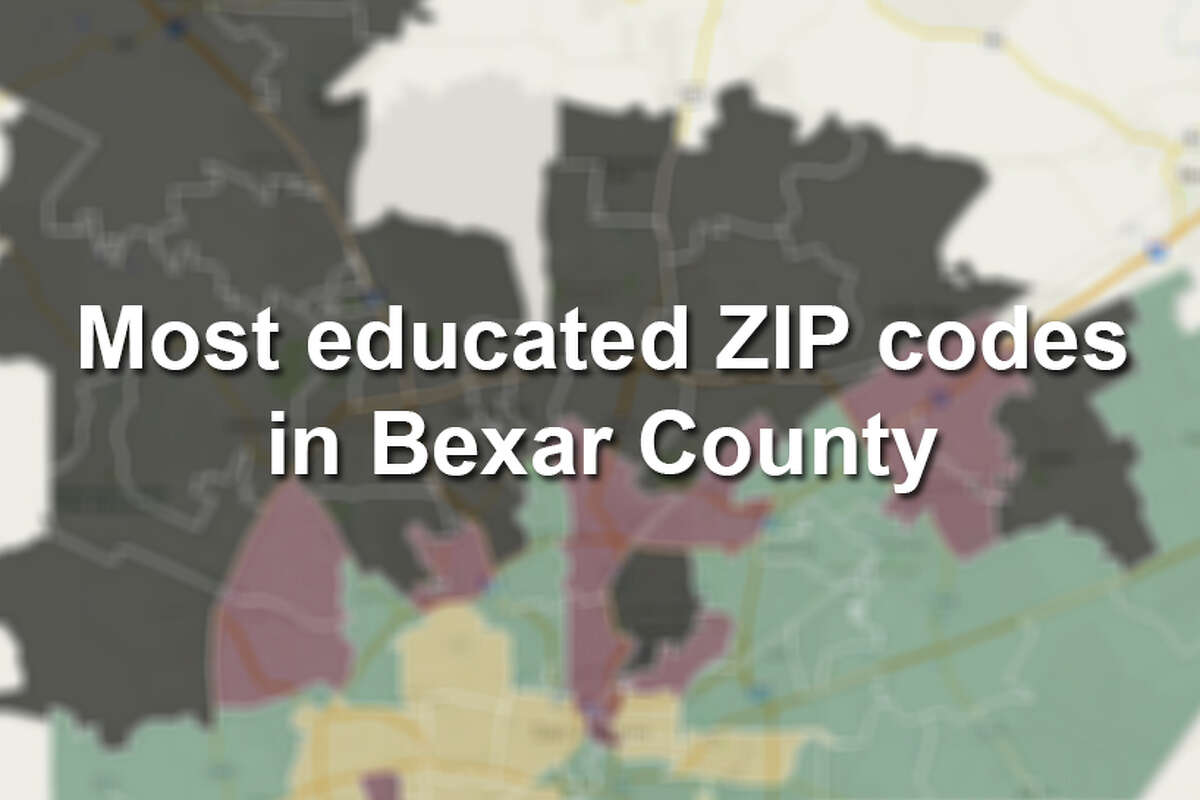 In these 23 Bexar County ZIP codes, over one-third of the population have a bachelor's degree or higher. Color code:  Tan = 0-12.125%  Green = 12.125-24.25%  Pink = 24.25-33%  Black = 33-74%
