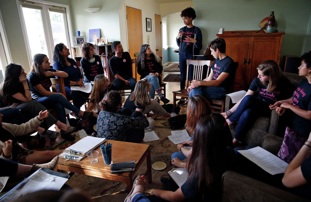 Alecia Harger, 14, speaks during a meeting of the Berkeley High Stop Harassing group at Heidi Goldstein’s home in Berkeley.