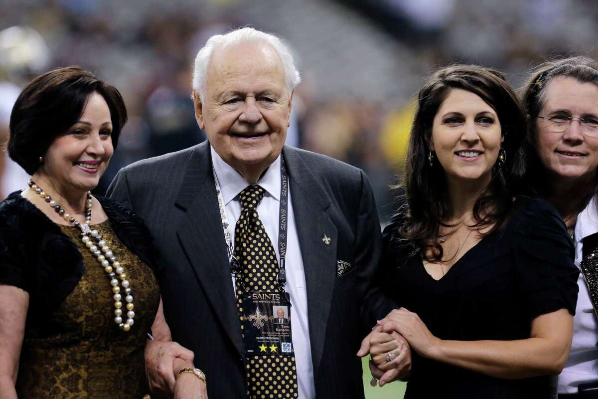 New Orleans Saints owner Tom Benson poses for a photo with his wife Gayle Benson and his granddaughter, co-owner Rita Benson LeBlanc, before an NFL football game against the Minnesota Vikings in New Orleans, Sunday, Sept. 21, 2014. At far right is Renee Benson. daughter of Tom Benson and mother of Rita Benson LeBlanc. (AP Photo/Bill Haber)